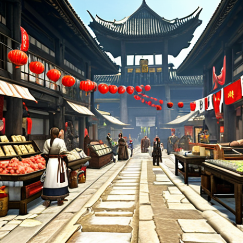 **

A bustling ArcheAge marketplace scene. Simplified Chinese text banners advertise "High-Profit Trade Routes!" and "Rare Item Auctions!" Players are shown trading goods, with UI elements displaying fluctuating market prices (e.g., medicine ingredients increasing price). The overall feeling should be dynamic and economically active.

**
