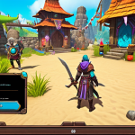 **

Adventurers in a vibrant, colorful zone (Noui Sacred Realm) completing daily quests. Focus on the variety of activities: monster slaying, gathering materials, escorting an NPC. Include UI elements suggesting quest completion and rewards. Style: Fantasy MMO, bright and cheerful.

**