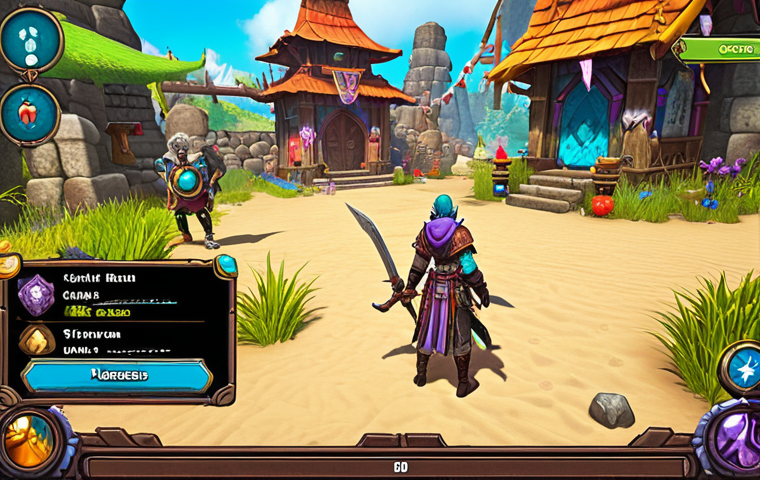 **

Adventurers in a vibrant, colorful zone (Noui Sacred Realm) completing daily quests. Focus on the variety of activities: monster slaying, gathering materials, escorting an NPC. Include UI elements suggesting quest completion and rewards. Style: Fantasy MMO, bright and cheerful.

**