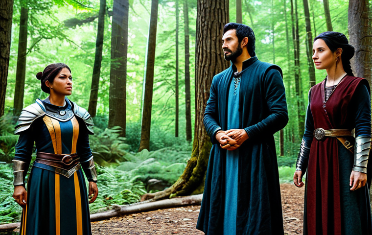 A diverse team of fantasy adventurers, composed of a stoic male tank in robust, modest plate armor, a serene female healer in flowing, appropriate robes, a focused male damage dealer in agile, professional leather attire, and an astute female support mage in elegant, fully clothed magical garments. They stand united in a mystical, ancient forest with sun-dappled trees, posed naturally with determined yet calm expressions, ready for a collaborative adventure. The scene emphasizes unity and strategic cooperation. Professional photography, high quality, perfect anatomy, correct proportions, well-formed hands, proper finger count, natural body proportions, safe for work, appropriate content, family-friendly, professional dress.