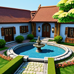 A professional, top-down view of a beautifully designed ArcheAge style house, showcasing a meticulously planned outdoor courtyard. The vibrant garden features a small, tranquil pond with blossoming lotus flowers, intricate cobblestone and wooden plank pathways, and a classical decorative fountain. Ornamental trees and colorful flower beds are carefully arranged. A tasteful, sturdy fence surrounds the property. In the background, other well-maintained neighboring houses are visible under a bright, clear sky, suggesting a thriving and friendly community. The scene is bathed in warm, natural light, emphasizing depth and detail. safe for work, appropriate content, fully clothed, family-friendly, professional photography, perfect anatomy, correct proportions, natural pose, well-formed hands, proper finger count, natural body proportions, high quality.