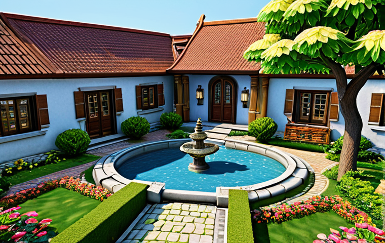 A professional, top-down view of a beautifully designed ArcheAge style house, showcasing a meticulously planned outdoor courtyard. The vibrant garden features a small, tranquil pond with blossoming lotus flowers, intricate cobblestone and wooden plank pathways, and a classical decorative fountain. Ornamental trees and colorful flower beds are carefully arranged. A tasteful, sturdy fence surrounds the property. In the background, other well-maintained neighboring houses are visible under a bright, clear sky, suggesting a thriving and friendly community. The scene is bathed in warm, natural light, emphasizing depth and detail. safe for work, appropriate content, fully clothed, family-friendly, professional photography, perfect anatomy, correct proportions, natural pose, well-formed hands, proper finger count, natural body proportions, high quality.