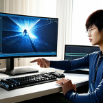 **

A gamer optimizing graphics settings for the game "ArcheAge" (上古世纪), focusing on resolution and V-Sync adjustments to improve frame rates. The scene is a well-lit gaming room with a high-end computer setup, showing a monitor displaying the game's settings menu. The gamer is fully clothed in casual wear. safe for work, appropriate content, fully clothed, professional, perfect anatomy, correct proportions, natural pose, well-formed hands, proper finger count, natural body proportions.

**