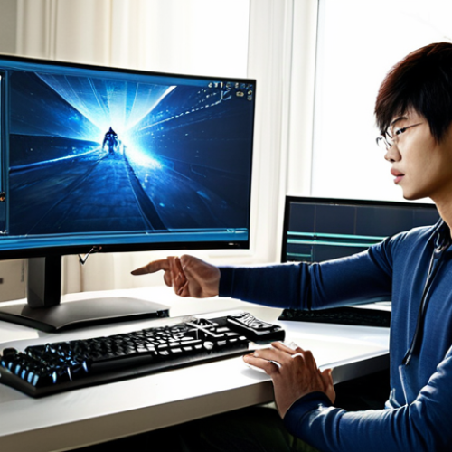 **

A gamer optimizing graphics settings for the game "ArcheAge" (上古世纪), focusing on resolution and V-Sync adjustments to improve frame rates. The scene is a well-lit gaming room with a high-end computer setup, showing a monitor displaying the game's settings menu. The gamer is fully clothed in casual wear. safe for work, appropriate content, fully clothed, professional, perfect anatomy, correct proportions, natural pose, well-formed hands, proper finger count, natural body proportions.

**