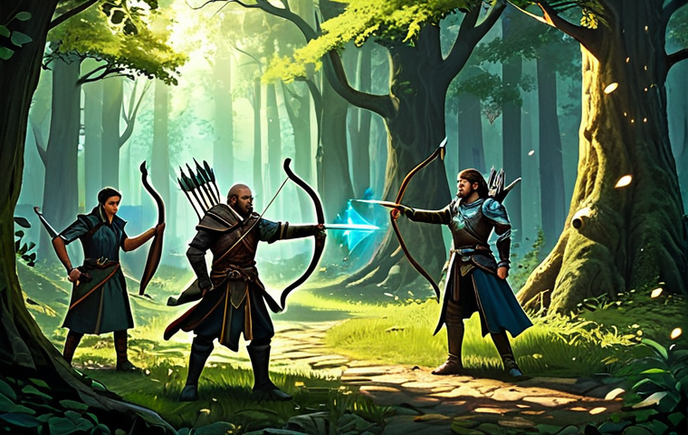 아키에이지 PvP 최적의 팀 조합 - **Prompt:** A dynamic illustration of a balanced PVP team: a warrior in ornate plate armor, a wizard...