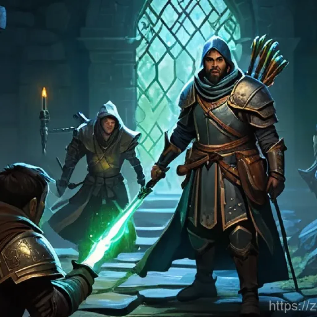 아키에이지 상위 유저 팁 정리 - **Prompt: "A diverse group of adventurers meticulously navigating a dimly lit, ancient stone dungeon...