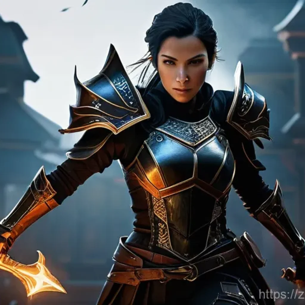 아키에이지 필수 장비 리스트 - **"A highly agile female assassin, mid-action in a dynamic combat pose within a dimly lit fantasy ar...