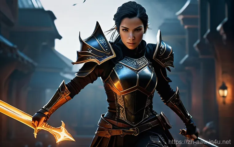 아키에이지 필수 장비 리스트 - **"A highly agile female assassin, mid-action in a dynamic combat pose within a dimly lit fantasy ar...