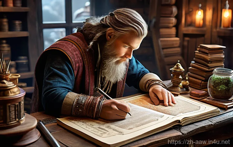 아키에이지 최상급 아이템 제작법 - **Prompt:** A focused adventurer, dressed in practical yet stylish fantasy crafting attire, sits at ...