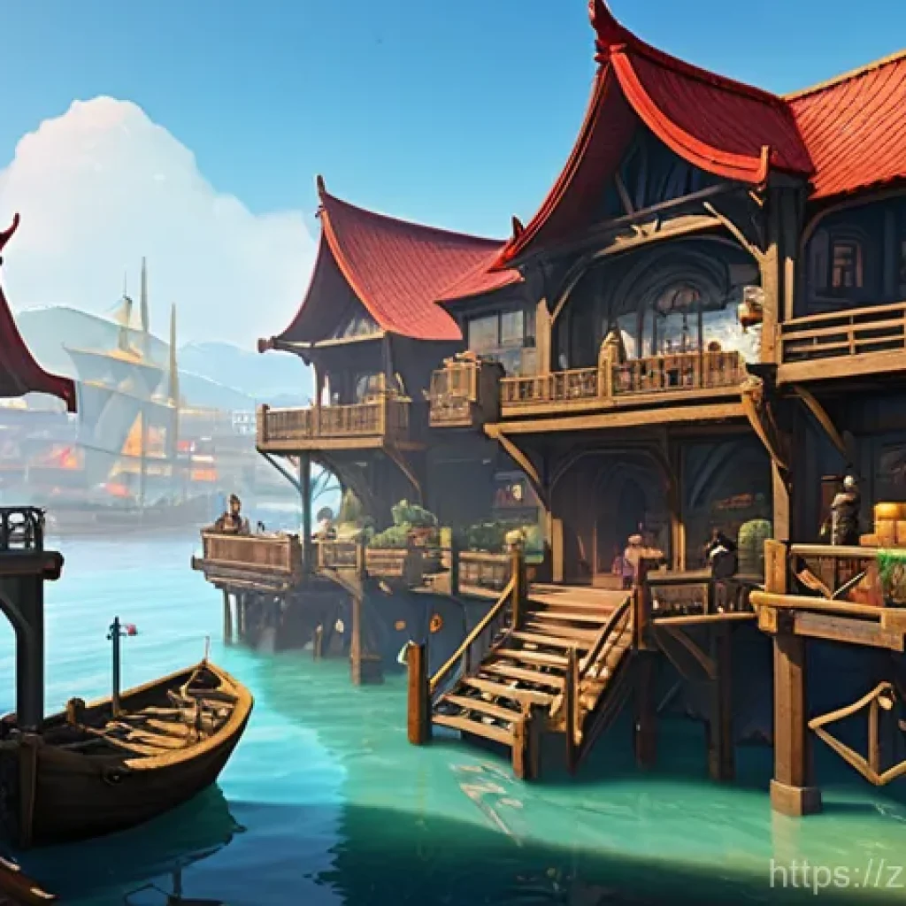아키에이지 주거지 선택 팁 - **Prompt:** A vibrant, painterly illustration of a bustling coastal trade hub in the world of ArcheA...
