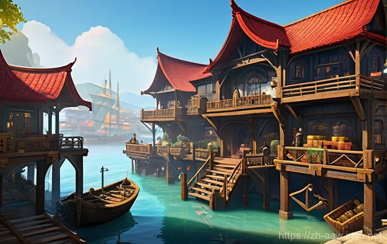 아키에이지 주거지 선택 팁 - **Prompt:** A vibrant, painterly illustration of a bustling coastal trade hub in the world of ArcheA...