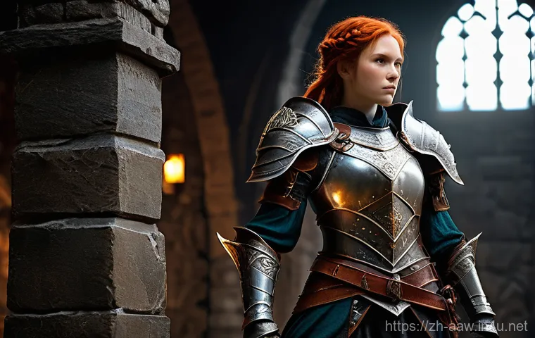 아키에이지 던전 입장 조건 - Image Prompt 1: The Determined Explorer at Burning City Armory**