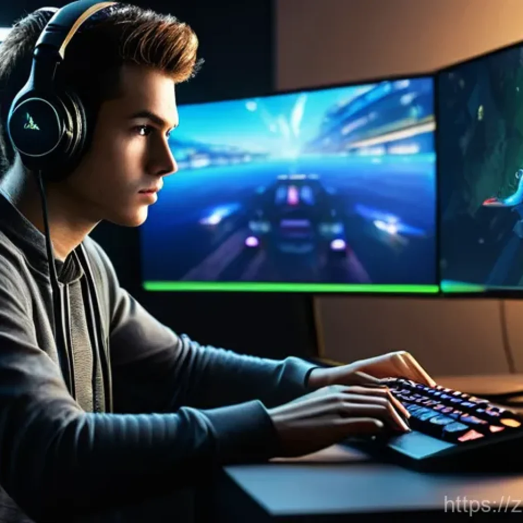 아키에이지 최적화 가이드 - **Prompt:** A focused gamer, a young adult, male or female, sits intensely at a modern gaming desk i...