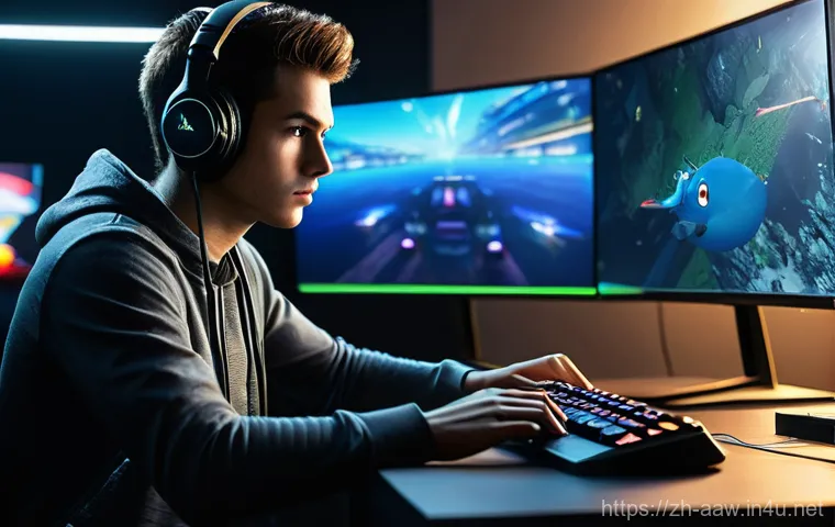 아키에이지 최적화 가이드 - **Prompt:** A focused gamer, a young adult, male or female, sits intensely at a modern gaming desk i...