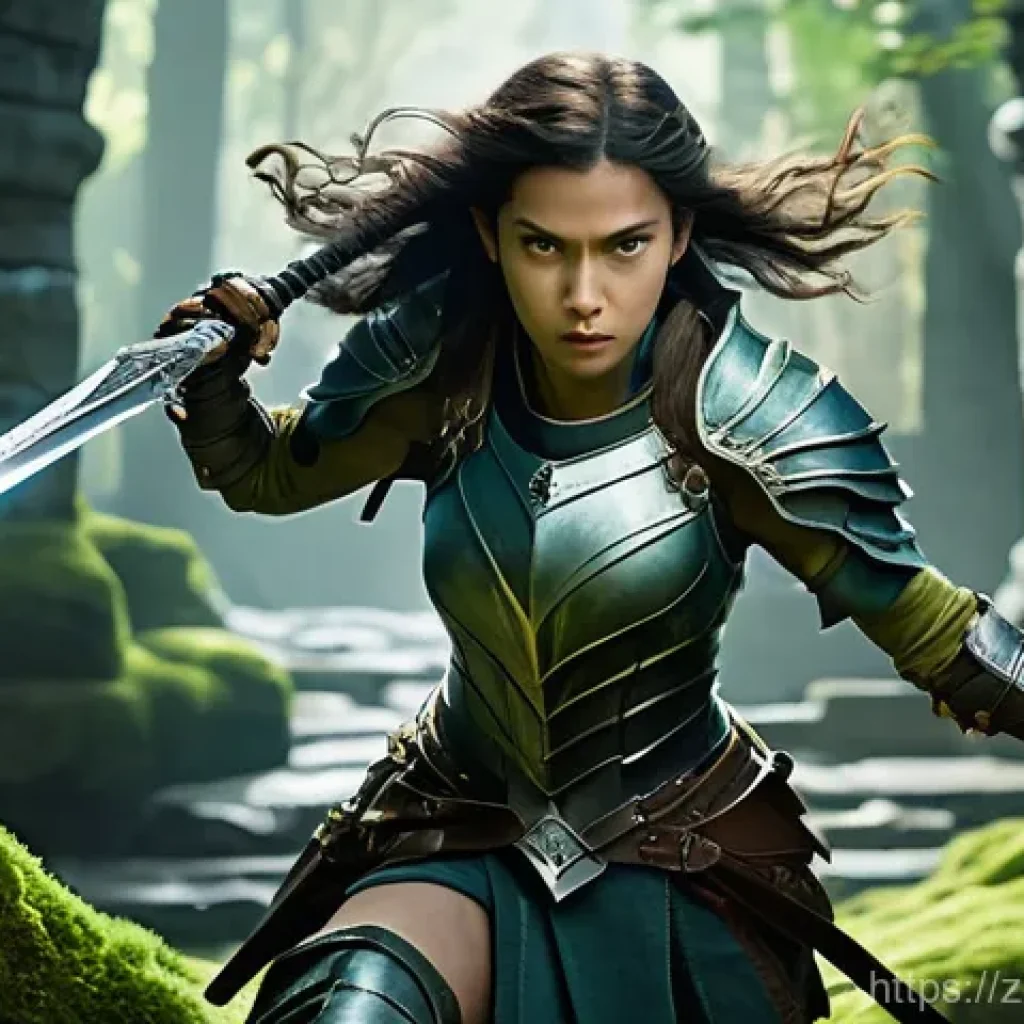 아키에이지 유저 추천 스킬 세팅 - A determined female adventurer, clad in full, intricate fantasy plate armor (including a chest plate...