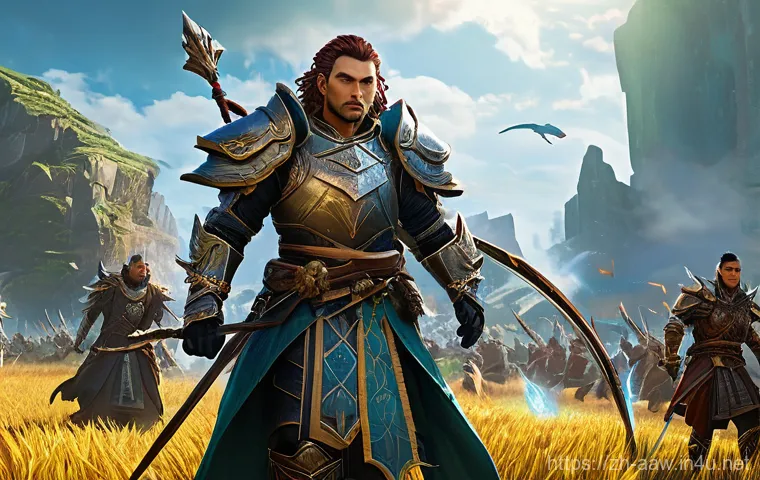 아키에이지 상위 콘텐츠 공략 정리 - **Prompt:** An epic, large-scale fantasy battle scene set in the vibrant world of ArcheAge. In the f...