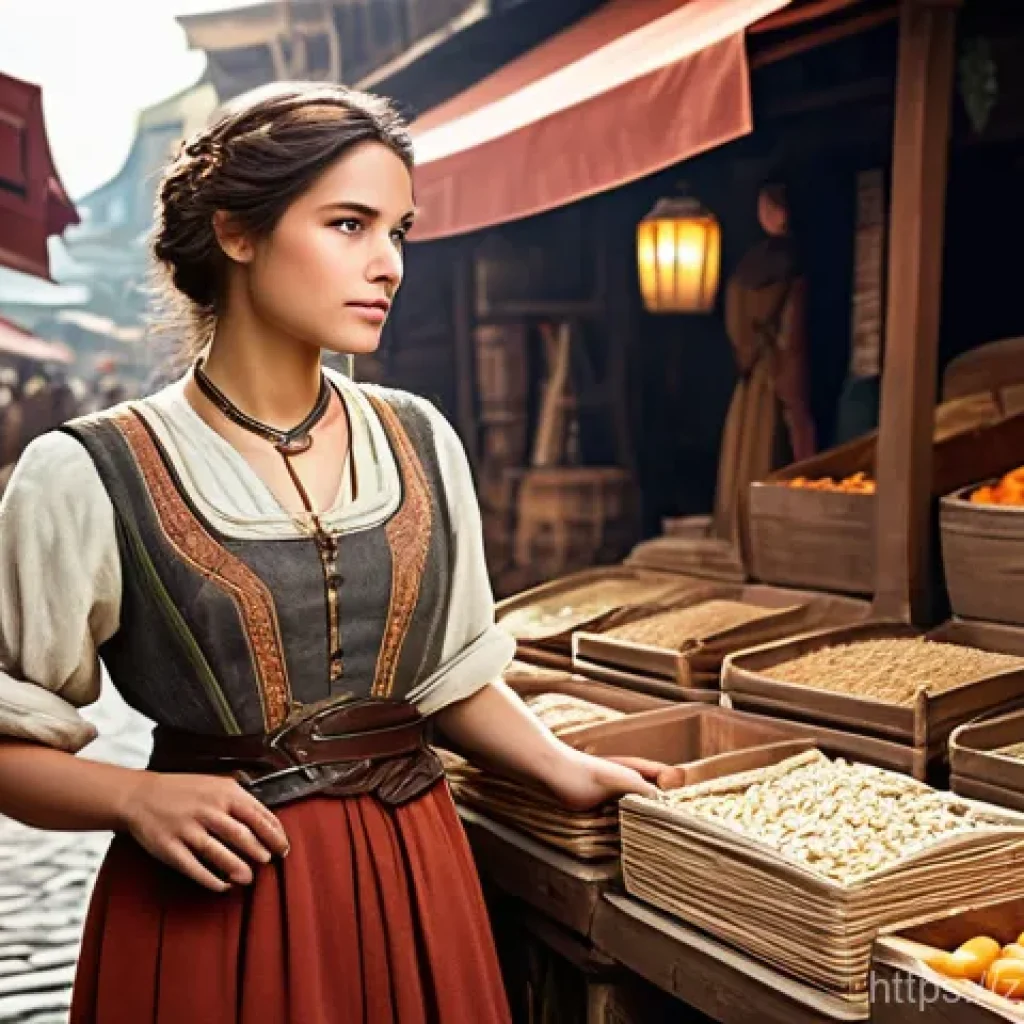 아키에이지 무역 상인 노하우 - **Prompt:** A discerning female merchant in her late 20s, with a thoughtful expression, stands in a ...