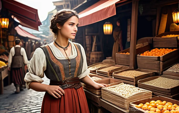 아키에이지 무역 상인 노하우 - **Prompt:** A discerning female merchant in her late 20s, with a thoughtful expression, stands in a ...