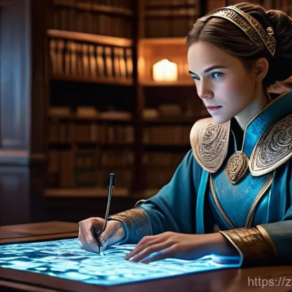 아키에이지 상위 콘텐츠 분석법 - **Prompt:** A focused female scholar or mage, dressed in elegant yet functional fantasy robes and li...