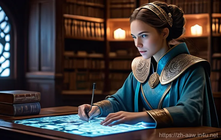 아키에이지 상위 콘텐츠 분석법 - **Prompt:** A focused female scholar or mage, dressed in elegant yet functional fantasy robes and li...