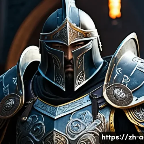 아키에이지 상위 장비 추천 - A highly detailed fantasy warrior wearing the "坚韧守护甲" tank armor set, featuring heavy, durable steel...