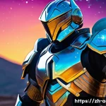 아키에이지 신규 아이템 트렌드 - A futuristic warrior wearing the "Starry Battle Armor" inspired by Eastern mythology and advanced te...