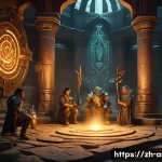 아키에이지 특수 퀘스트 클리어법 - A detailed fantasy RPG scene depicting a diverse adventurer team strategizing in a dimly lit ancient...