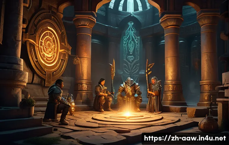 아키에이지 특수 퀘스트 클리어법 - A detailed fantasy RPG scene depicting a diverse adventurer team strategizing in a dimly lit ancient...