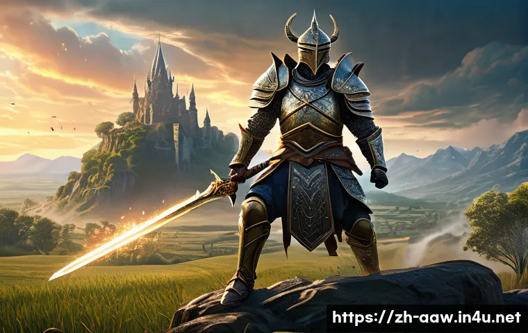 아키에이지 신규 유저 추천 콘텐츠 - A dynamic fantasy warrior character in ornate armor wielding a large sword, charging into battle on ...