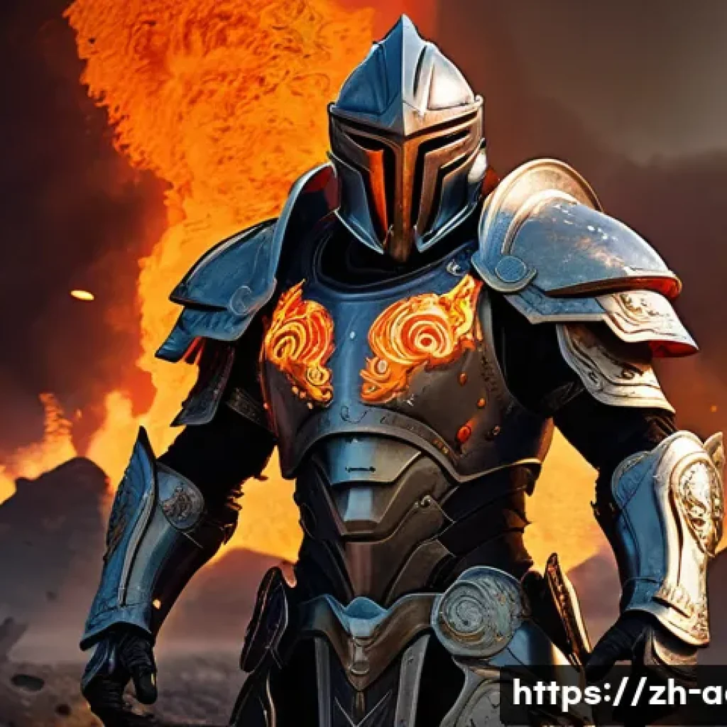 아키에이지 장비 세트 효과 분석 - A powerful warrior clad in the "Flame Fury" armor set, featuring glowing red and orange molten metal...