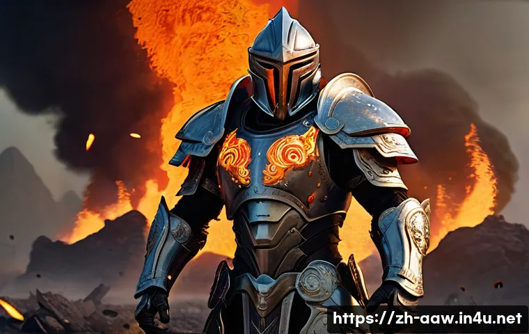 아키에이지 장비 세트 효과 분석 - A powerful warrior clad in the "Flame Fury" armor set, featuring glowing red and orange molten metal...