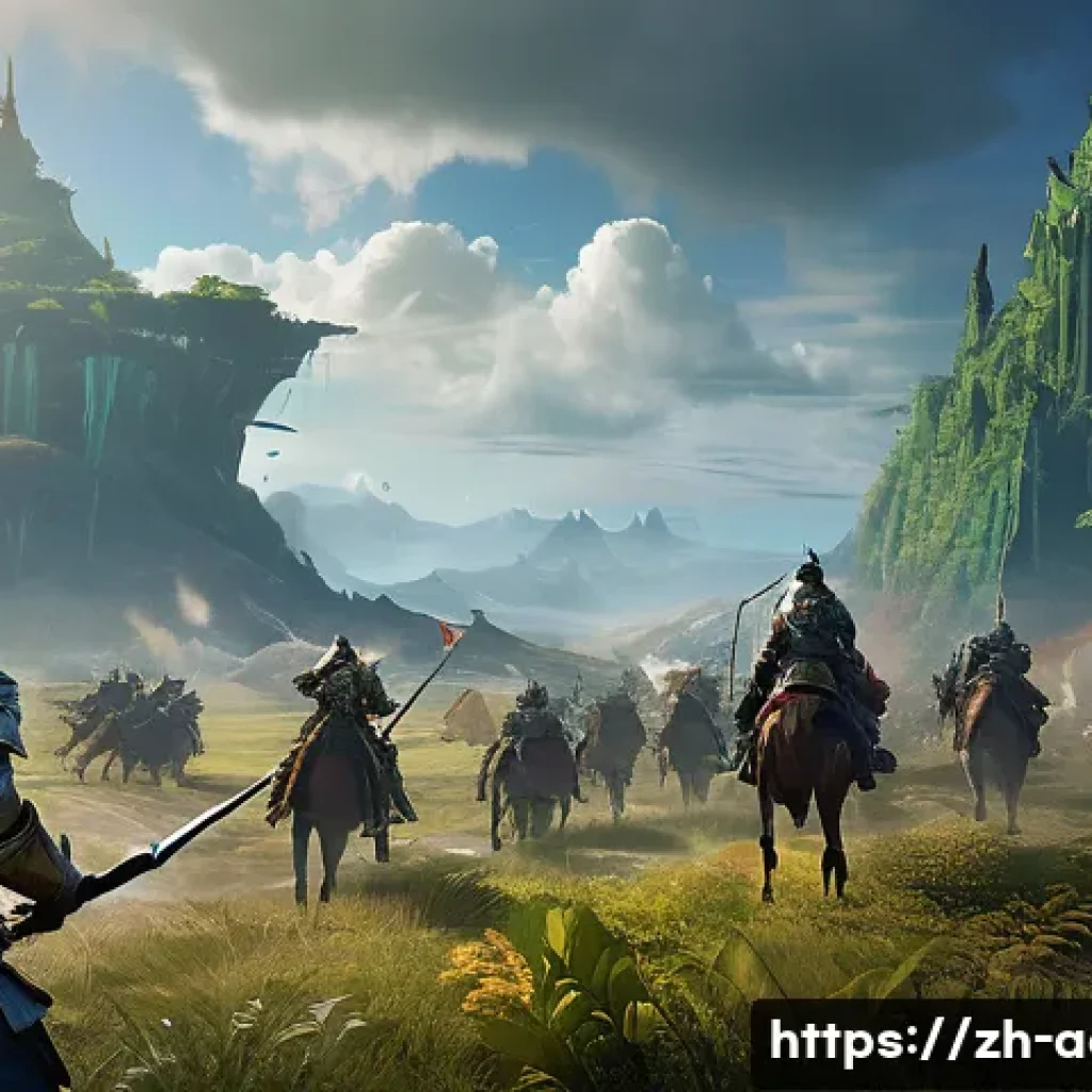 아키에이지 대규모 전투 팁 - A dynamic large-scale fantasy battlefield scene from ArcheAge, featuring a diverse team of warriors ...