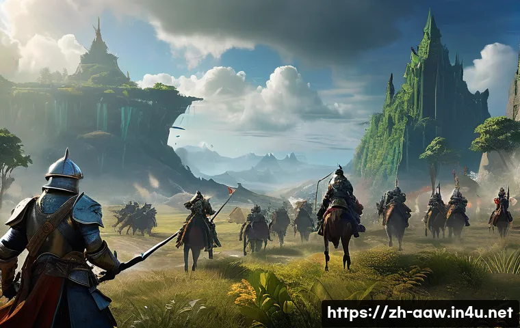 아키에이지 대규모 전투 팁 - A dynamic large-scale fantasy battlefield scene from ArcheAge, featuring a diverse team of warriors ...