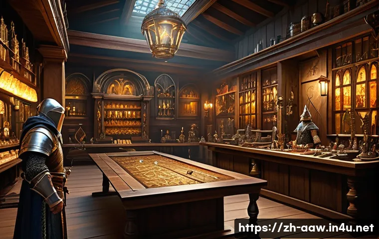 아키에이지 경제 밸런스 분석 - A bustling medieval fantasy auction house interior filled with diverse players trading rare and comm...