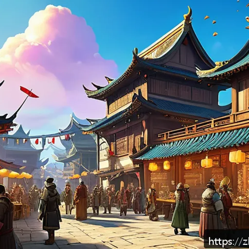 아키에이지 서버 선택 가이드 - A vibrant fantasy MMORPG city scene bustling with diverse players in detailed medieval-style armor a...