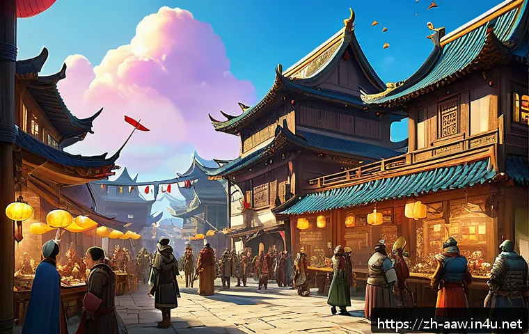 아키에이지 서버 선택 가이드 - A vibrant fantasy MMORPG city scene bustling with diverse players in detailed medieval-style armor a...