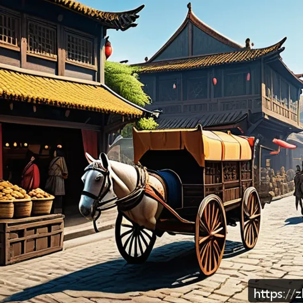 아키에이지 무역 세율 분석 - A detailed fantasy trade caravan traveling through a lush, vibrant eastern port city to a western to...