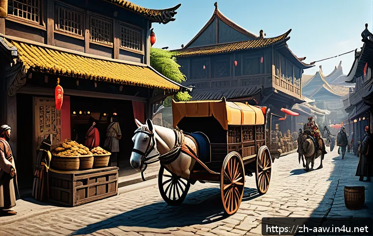 아키에이지 무역 세율 분석 - A detailed fantasy trade caravan traveling through a lush, vibrant eastern port city to a western to...