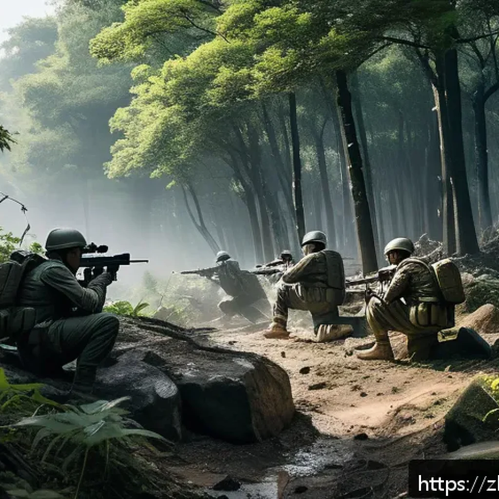 아키에이지 전쟁 지역 생존 팁 - A tactical battlefield scene set at the edge of a dense forest with large, jagged rock formations pr...