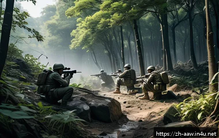 아키에이지 전쟁 지역 생존 팁 - A tactical battlefield scene set at the edge of a dense forest with large, jagged rock formations pr...