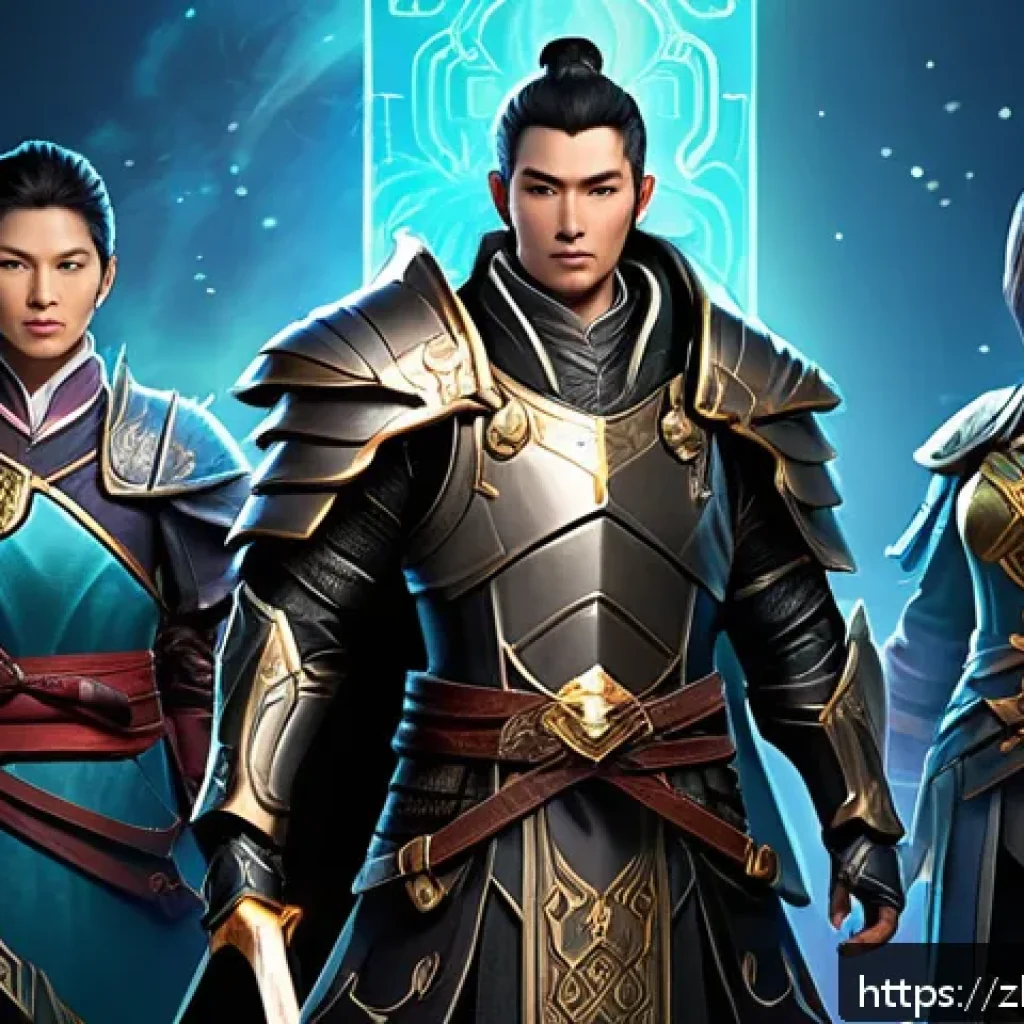 아키에이지 퀘스트 보상 비교 - A dynamic fantasy RPG character selection scene showing three distinct heroes at different developme...
