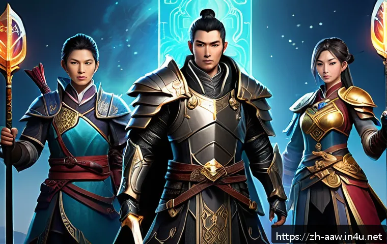 아키에이지 퀘스트 보상 비교 - A dynamic fantasy RPG character selection scene showing three distinct heroes at different developme...