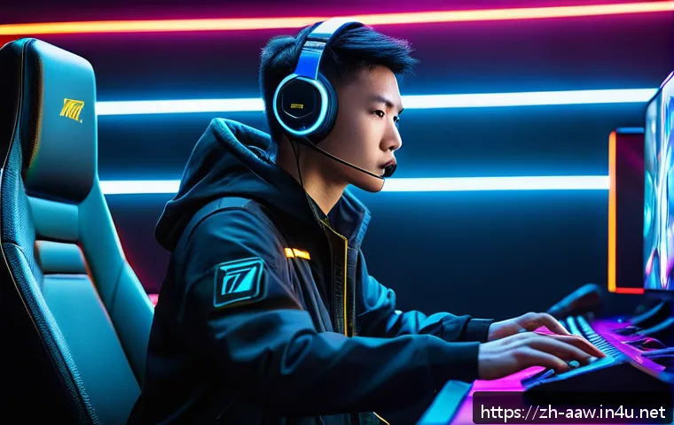 아키에이지 상위 유저 공략법 - A dynamic scene of a futuristic esports arena featuring a skilled player in mid-action, wearing tact...