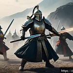 아키에이지 PvP 최적 직업 조합 - A dynamic battlefield scene featuring a heavily armored warrior and a robed priest working in close ...