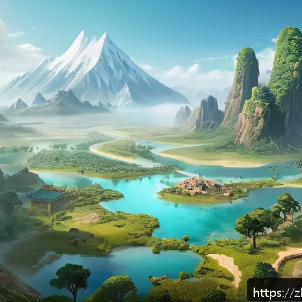 아키에이지 신규 콘텐츠 공략 - A richly detailed fantasy landscape showcasing a newly discovered game map region with diverse ecosy...