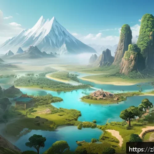 아키에이지 신규 콘텐츠 공략 - A richly detailed fantasy landscape showcasing a newly discovered game map region with diverse ecosy...