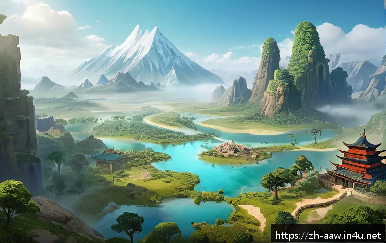 아키에이지 신규 콘텐츠 공략 - A richly detailed fantasy landscape showcasing a newly discovered game map region with diverse ecosy...