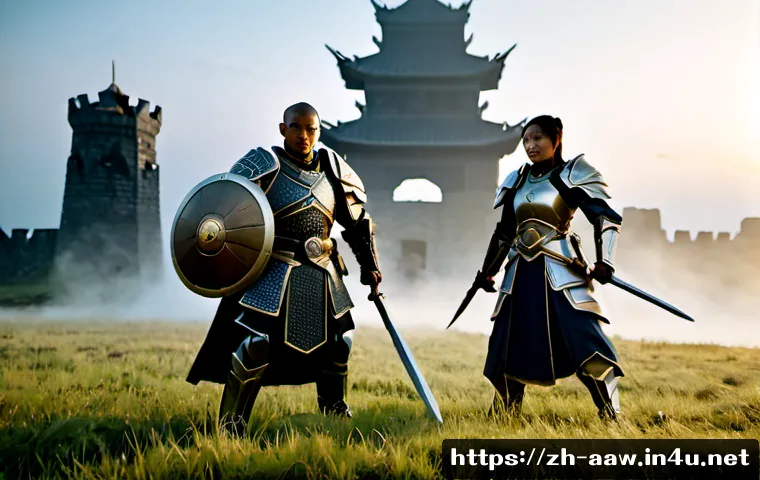 아키에이지 PvP 전략별 직업 추천 - Photorealistic fantasy PvP strategy scene, a heavily armored frontline guardian holding a broad shie...