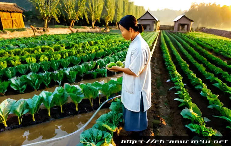 아키에이지 농장 운영 비법 - Photorealistic fantasy farming estate at sunrise, a skilled adventurer in practical medieval work cl...