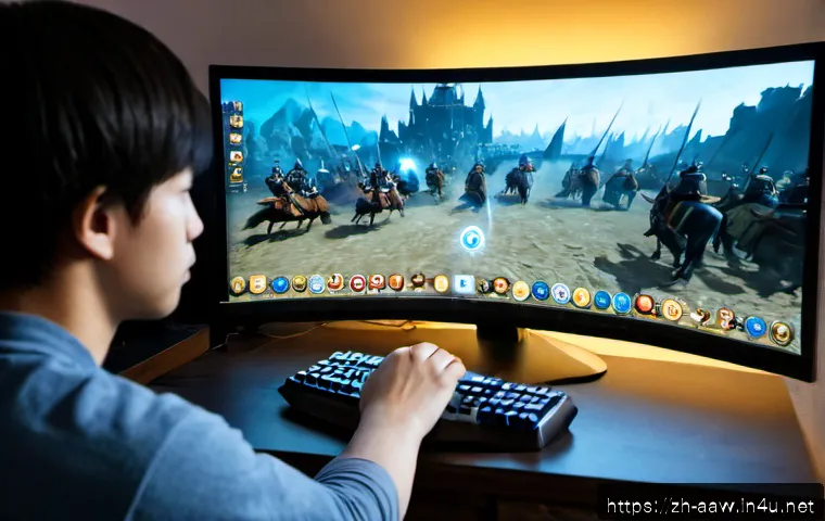 아키에이지 스킬 쿨타임 공략 - Photorealistic cinematic gaming desk scene, focused young adult player viewing a large monitor showi...